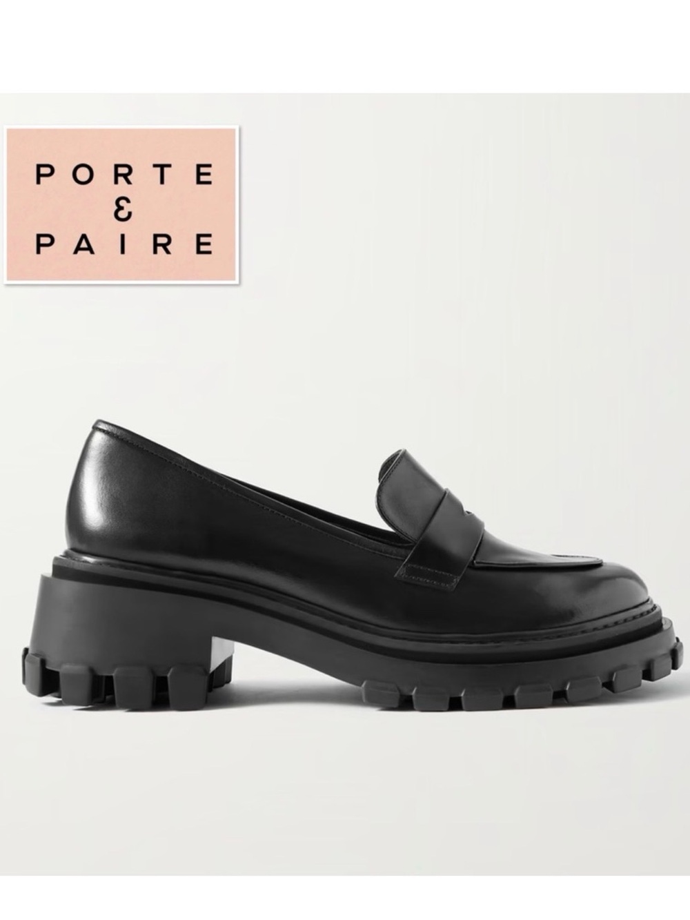 Porte & Paire Net Sustain Black Leather Penny Loafers Chunky Lug Sole 37 7